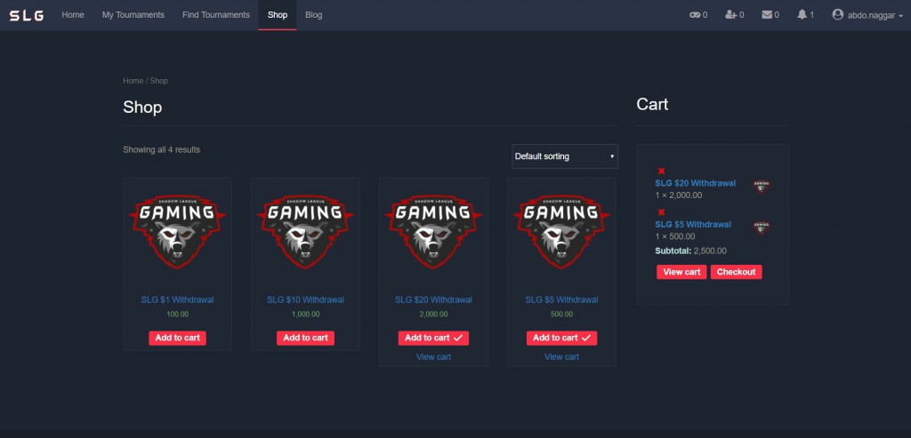 Shadow League Gaming shop page