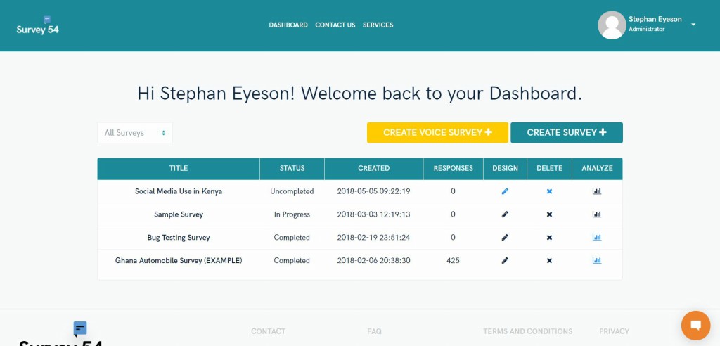 Survey54 dashboard page